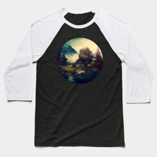 Rustic Lone Cabin in the Mountains Woods with Lake and Trees Baseball T-Shirt